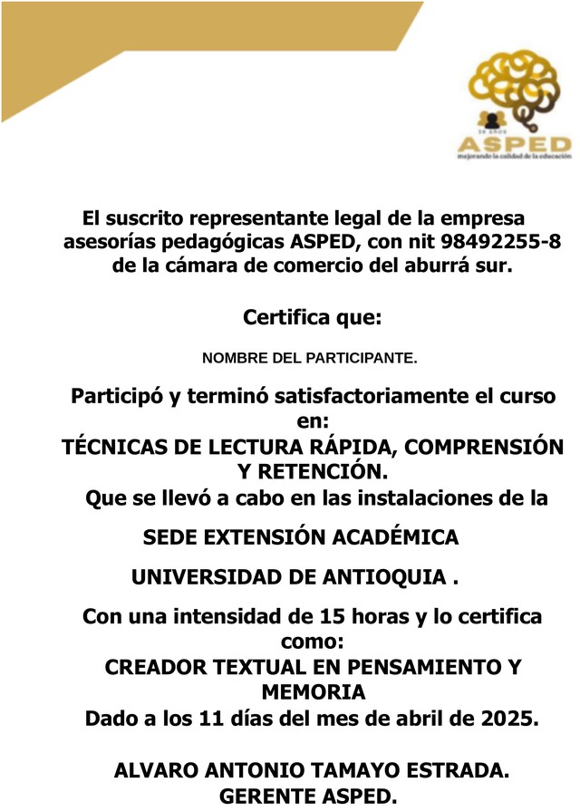 Certificado de ejemplo emitido por FUNDASPED con el nombre del participante reemplazado